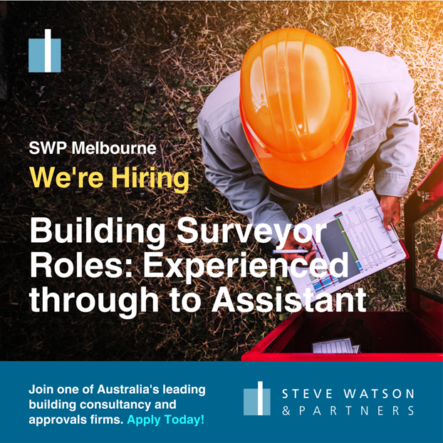 SWP Melbourne is hiring Building Surveyor roles from experienced to assistant. Image shows a person in a hard hat reviewing documents