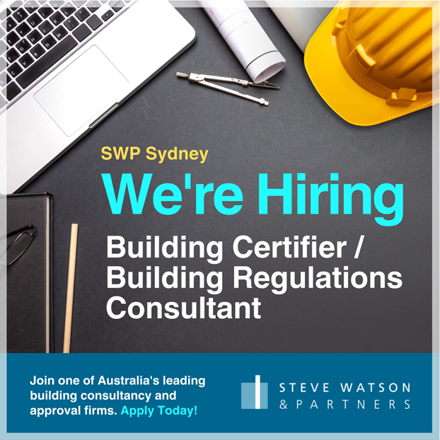 SWP Sydney is hiring a Building Certifier / Building Regulations Consultant. Image shows a laptop, hard hat, and architectural tools