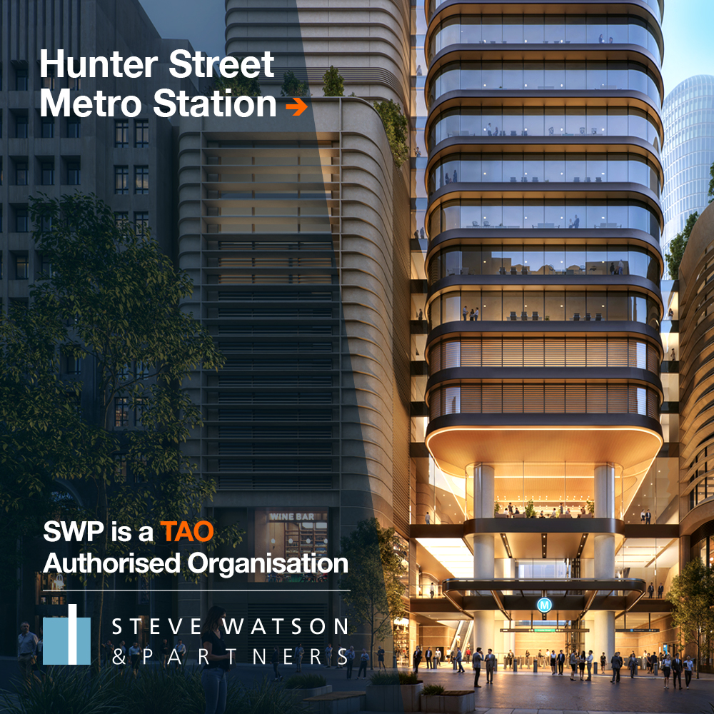 SWP Sydney transport projects at Hunter Street Metro Station and Victoria Cross Metro Station, showcasing major infrastructure delivery in New South Wales under TAO authorisation.
